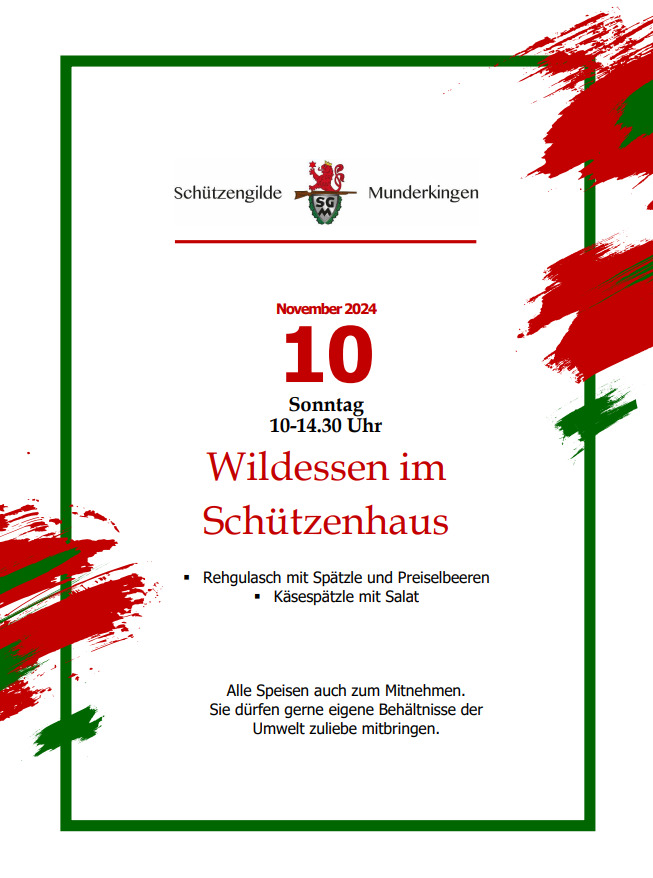 Herzliche Einladung zum Wildessen am Sonntag, 10.11.2024 im Schützenhaus in Munderkingen 1